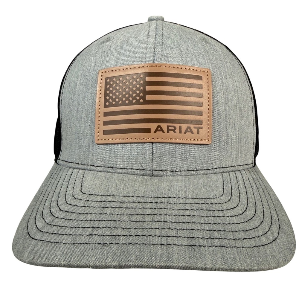 Ariat Hat Trucker Snapback Mens OS Grey Leather Flag Patch Richardson Style 112